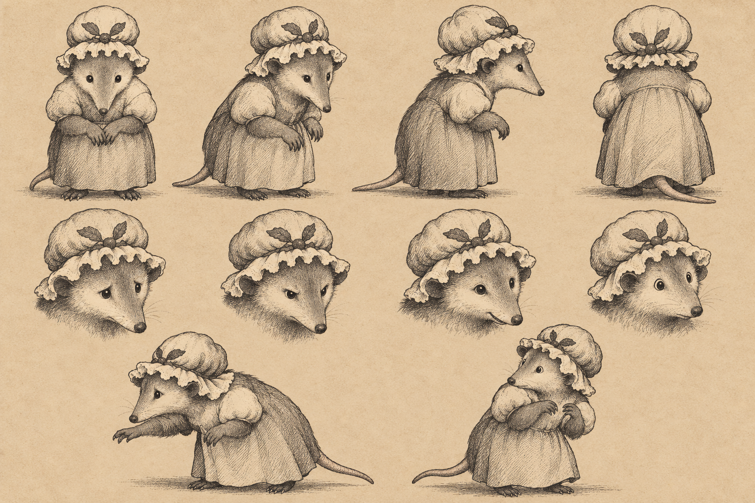 Old Mrs. Possum complete Green Meadows adaptation model sheet