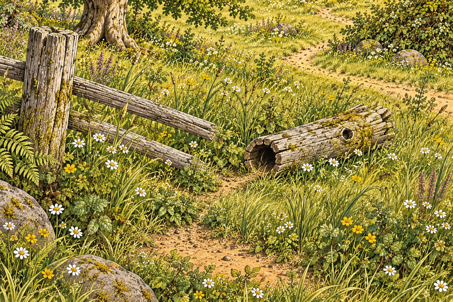 At grass height, narrow earthen passages curl around a fallen hollow fence post with an open end and a little side knothole. The old fence and meadow elm remain beyond.