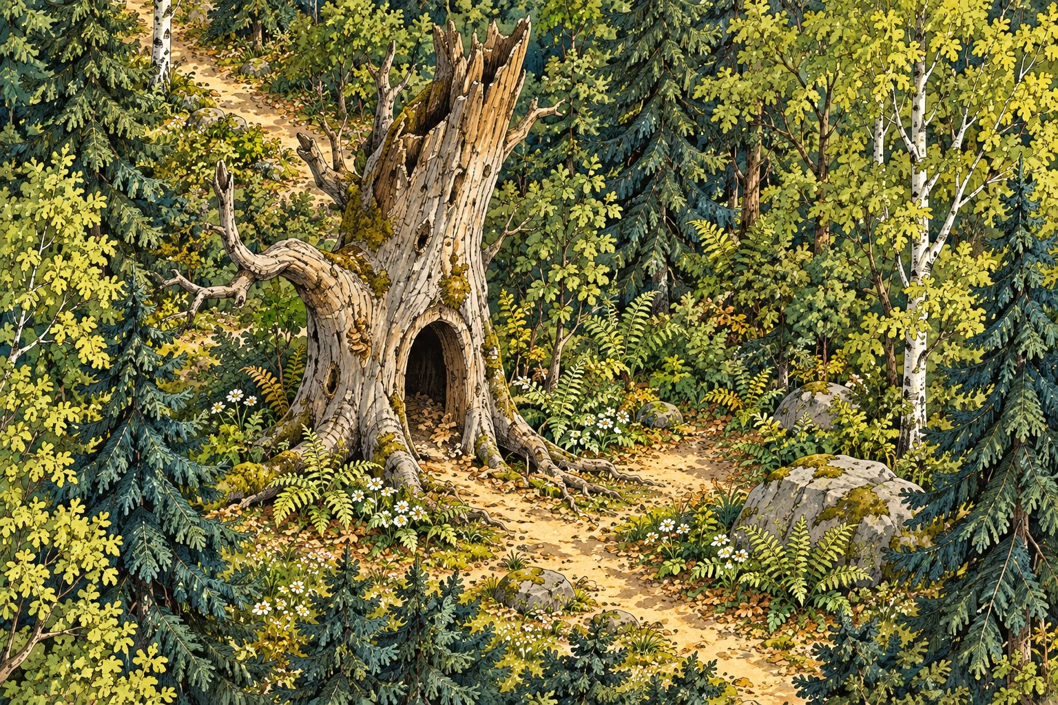A broken hollow trunk with a crooked left branch, a dark opening at its roots, a fern-lined path and a pale rock to the right.