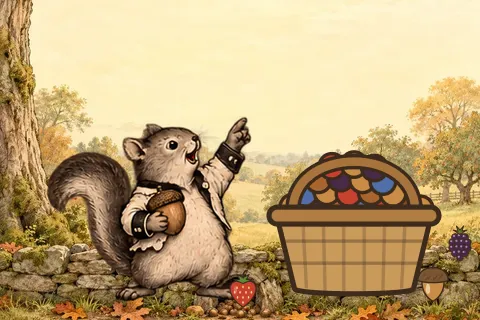 Chatterer the Red Squirrel beside a basket of acorns and berries.