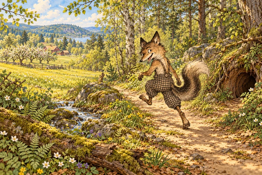 Reddy Fox pauses on a sunlit woodland path on his journey home.