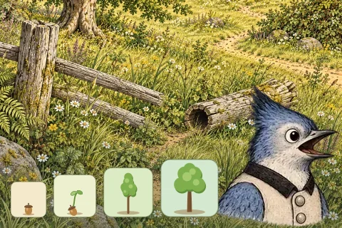 Sammy Jay above a meadow of acorns, sprouts and young oaks.