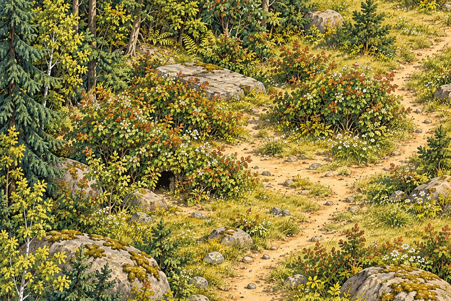 A pale cow-path curves beside leafy berry shrubs, a flat granite rock and the dark trees of the Forest edge.