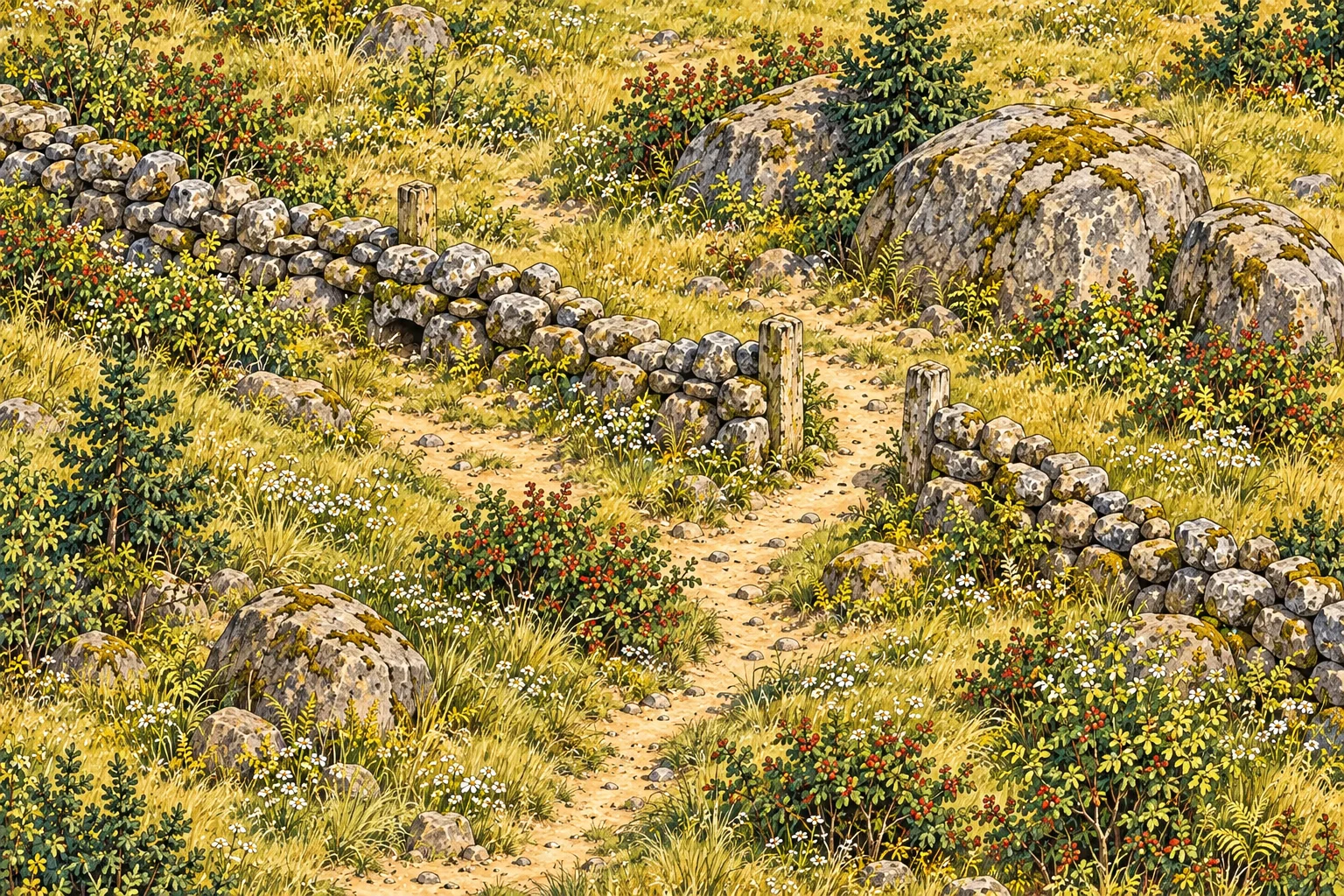 A broken stone wall climbs across the grassy upland, with a gap in the stones, a cow-path and gray boulders among spring shrubs.