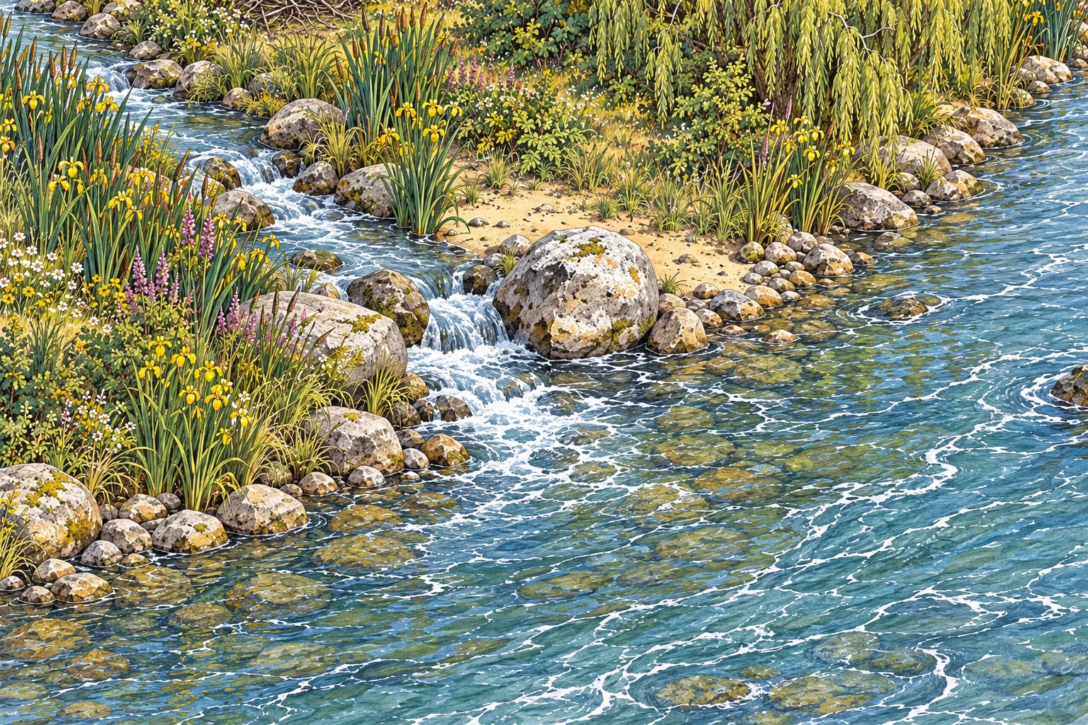 The narrow Brook joins the wider River around two pale boulders, with a small sandy bank and reeds at the water’s edge.