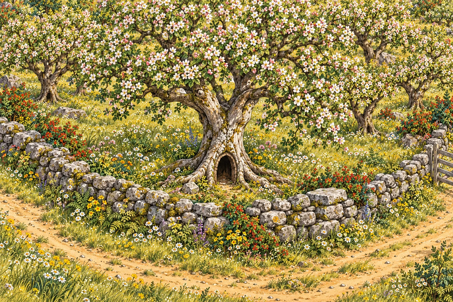 A gnarled apple tree spreads white and pink blossom over a tumbled stone wall. Two roots frame a low doorway and a loose wall stone lies nearby; the farm lane remains to the right.