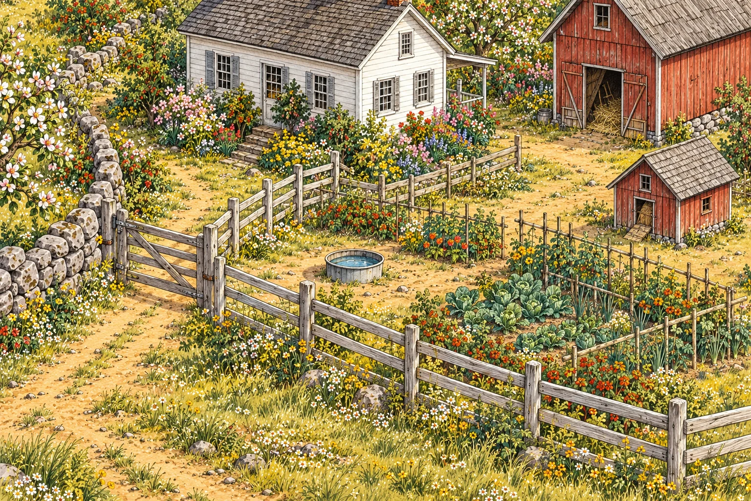 A wooden gate leads from the orchard lane into the henhouse yard. A round water pan rests on the earth, a red barn rises behind the little henhouse, and the orchard wall continues left.