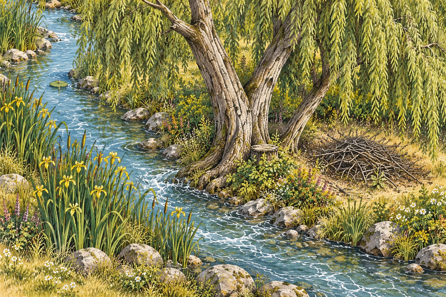 A forked willow stands beside the curving Brook, with a small stump at its roots, hanging green leaves and a dry brush heap on the right bank.
