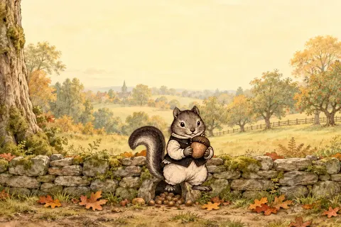 Striped Chipmunk guards his acorns at an autumn stone wall.