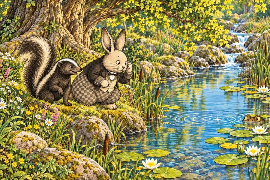 Peter Rabbit and Jimmy Skunk listen beside rippling water at the Smiling Pool.