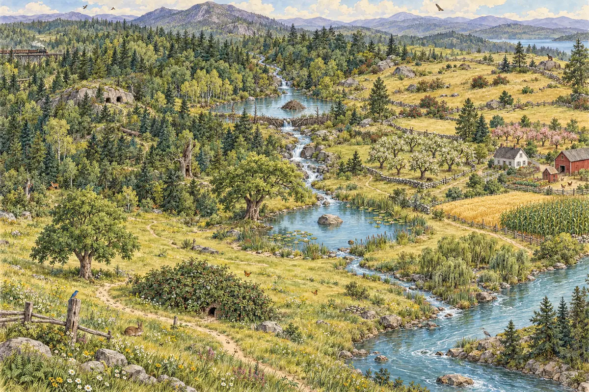 The Green Meadows, woodland, winding brook, orchard, uplands and river.