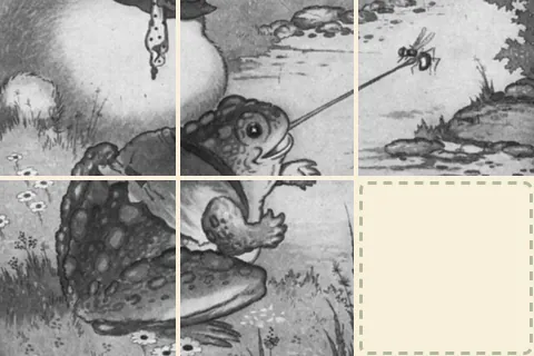 A storybook picture of Old Mr. Toad, cut into sliding squares.