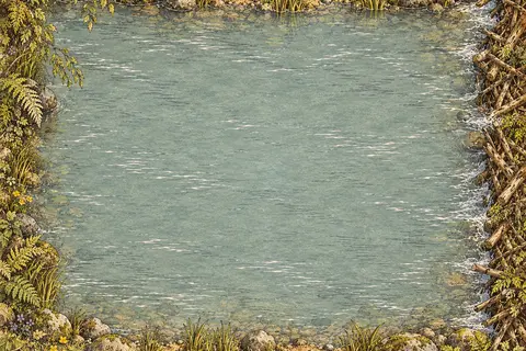 A sunny woodland brook with a beaver dam and two grassy banks.