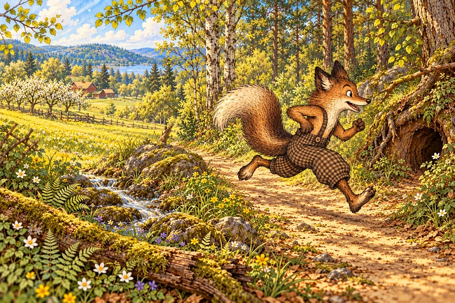 Reddy Fox runs along a woodland path past a mossy brook toward a den in the bank.