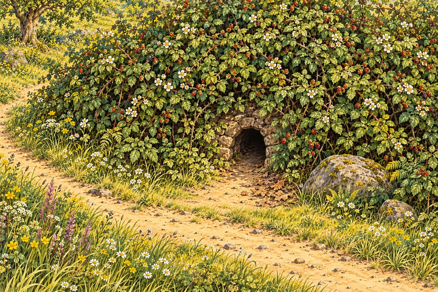 The low entrance to the meadow’s rounded briar mound opens between arching bramble canes. Brown leaves shelter the path inside, with sunny grass and the old elm beyond.