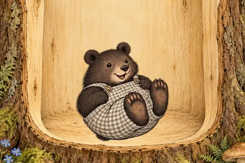 Buster Bear grins inside a golden hollow stump.